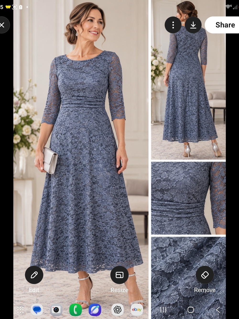 SLNY Dusty Blue Lace Maxi Dress with Three-Quarter Sleeves